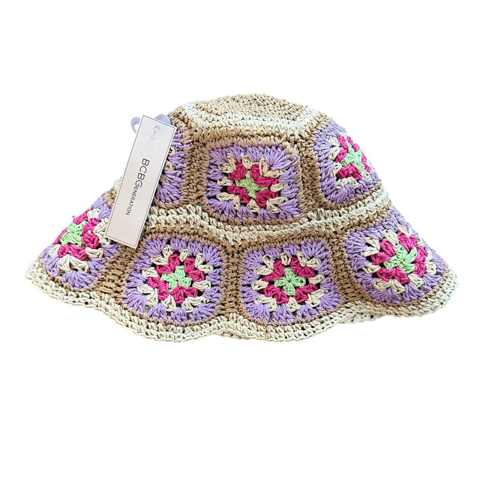 NWT BCBGeneration Colorful Granny Square Straw BOHO Bucket Hat Cap OSFA